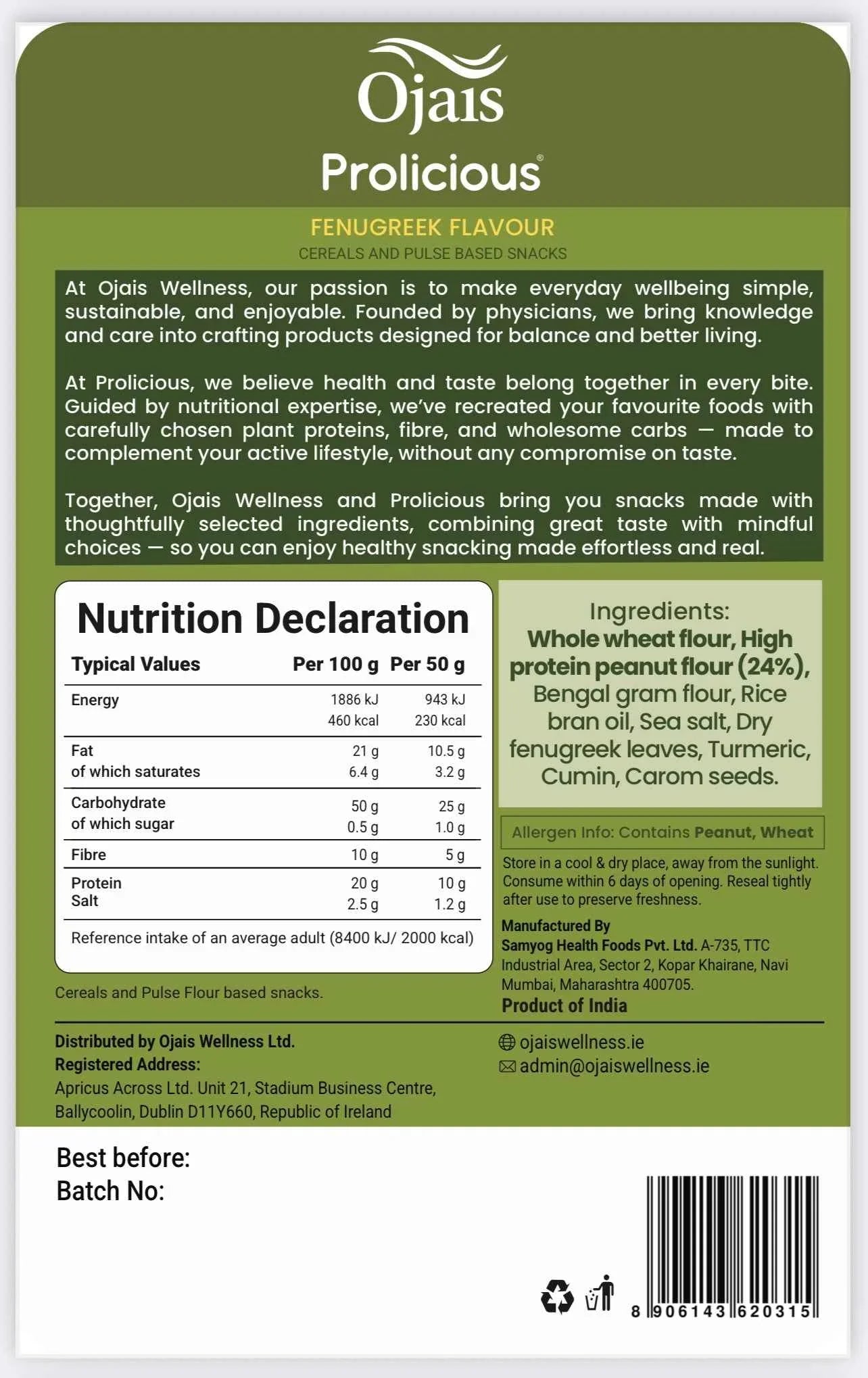 Prolicious fenugreek flavour cereal and pulse based snacks nutrition label with ingredient list and allergen info