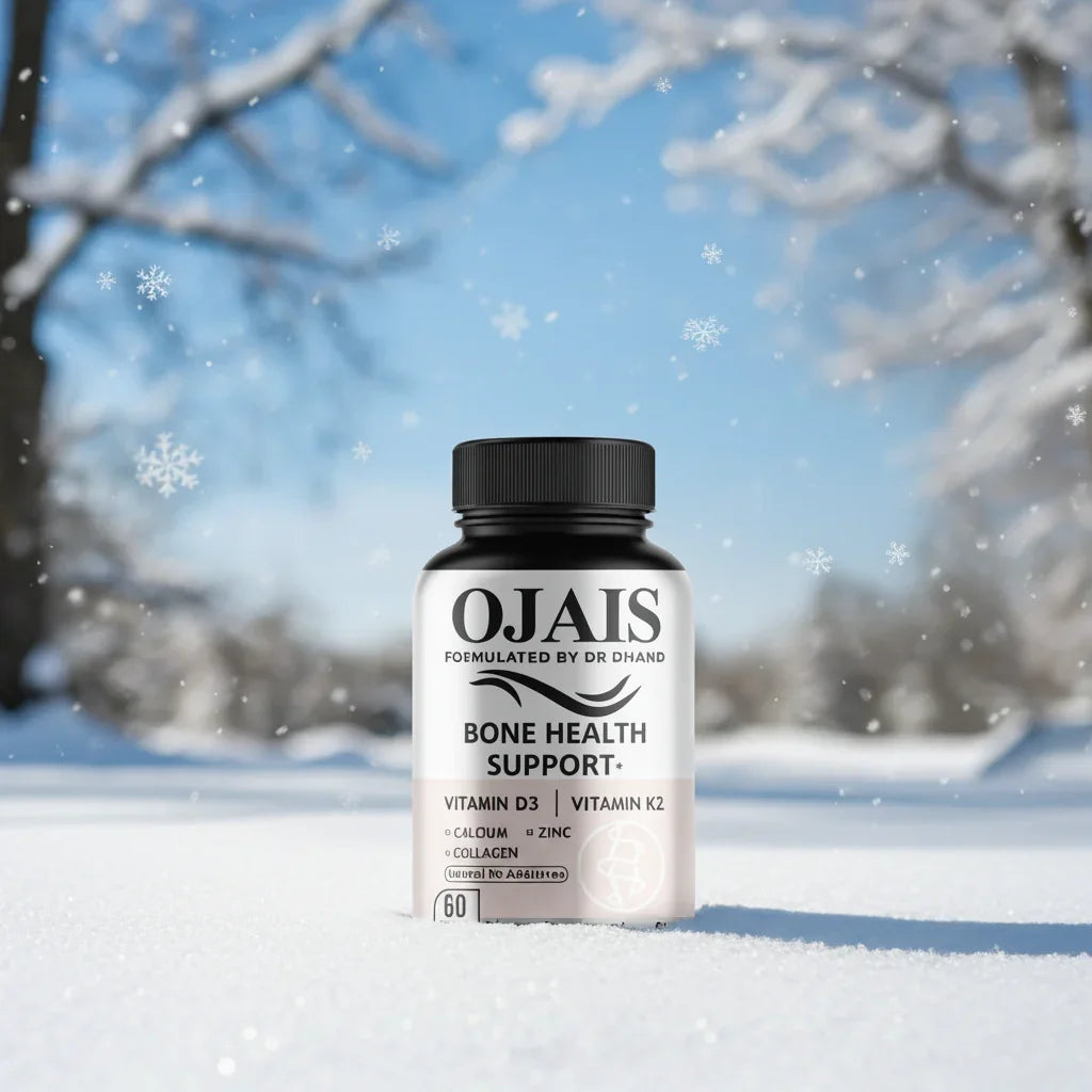 Bone health supplement bottle with vitamin D3 and K2 on snow, winter background