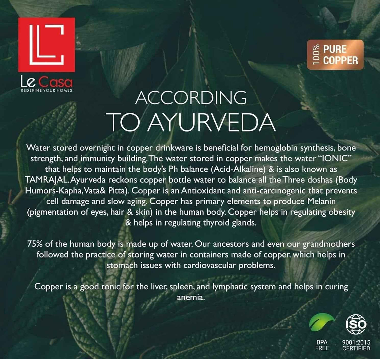 Ayurveda benefits of storing water in 100% pure copper drinkware, over green leaf background