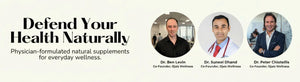 Banner with text 'Defend Your Health Naturally,' photos of three doctors, and wellness supplement message.
