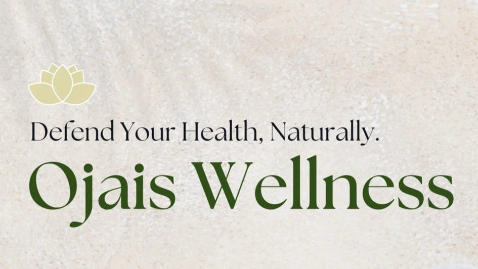 Ojais Wellness logo with text on a textured beige background