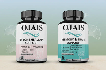 Two supplement bottles for bone, memory, and brain support with key ingredients listed.