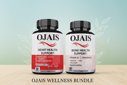 Heart and bone health supplement bottles bundle on wood table with leafy background