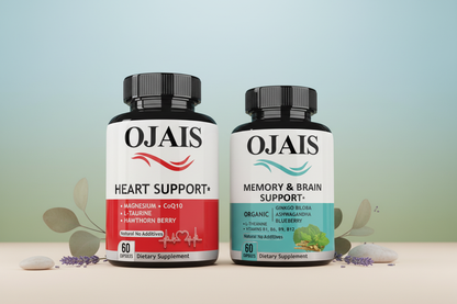 Heart support and memory brain support supplement bottles for cardiovascular and cognitive health