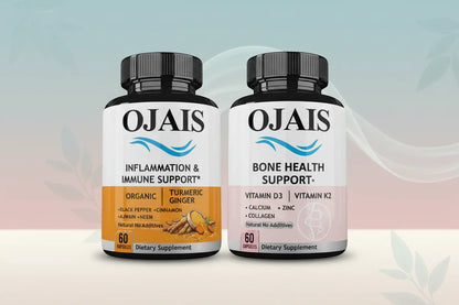 Two supplement bottles for immune and bone health support with natural ingredients, on gradient background