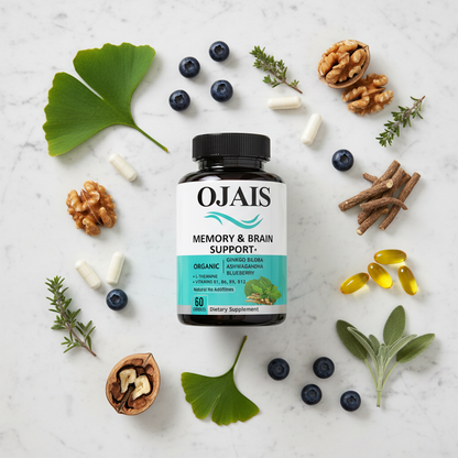 Memory & Brain Support ingredients flat lay